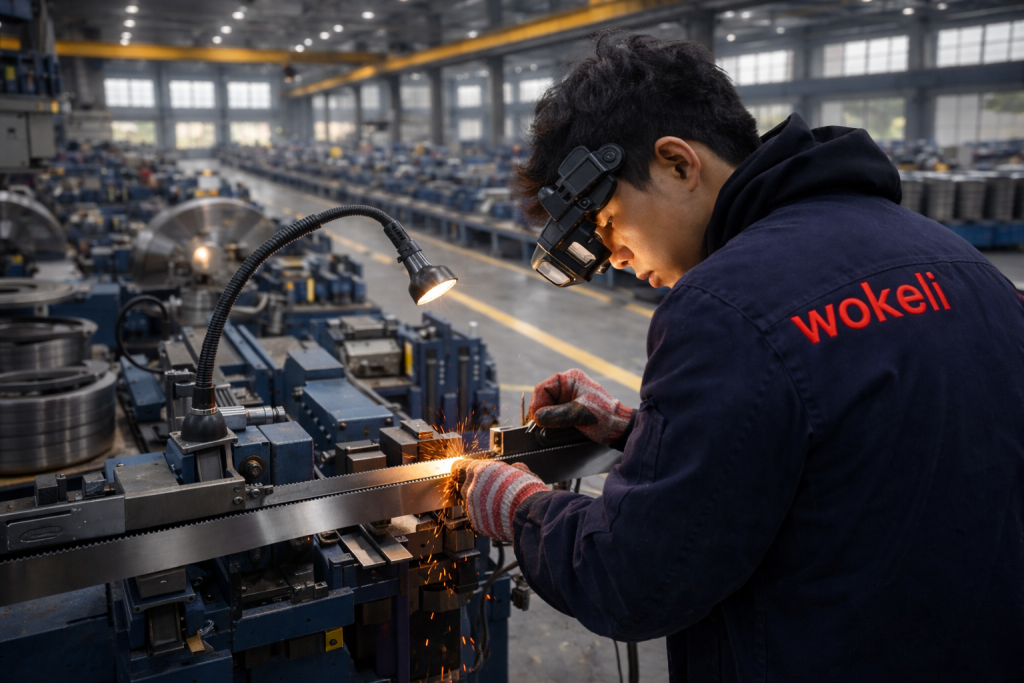 band saw blade factory technician operating production equipment in China