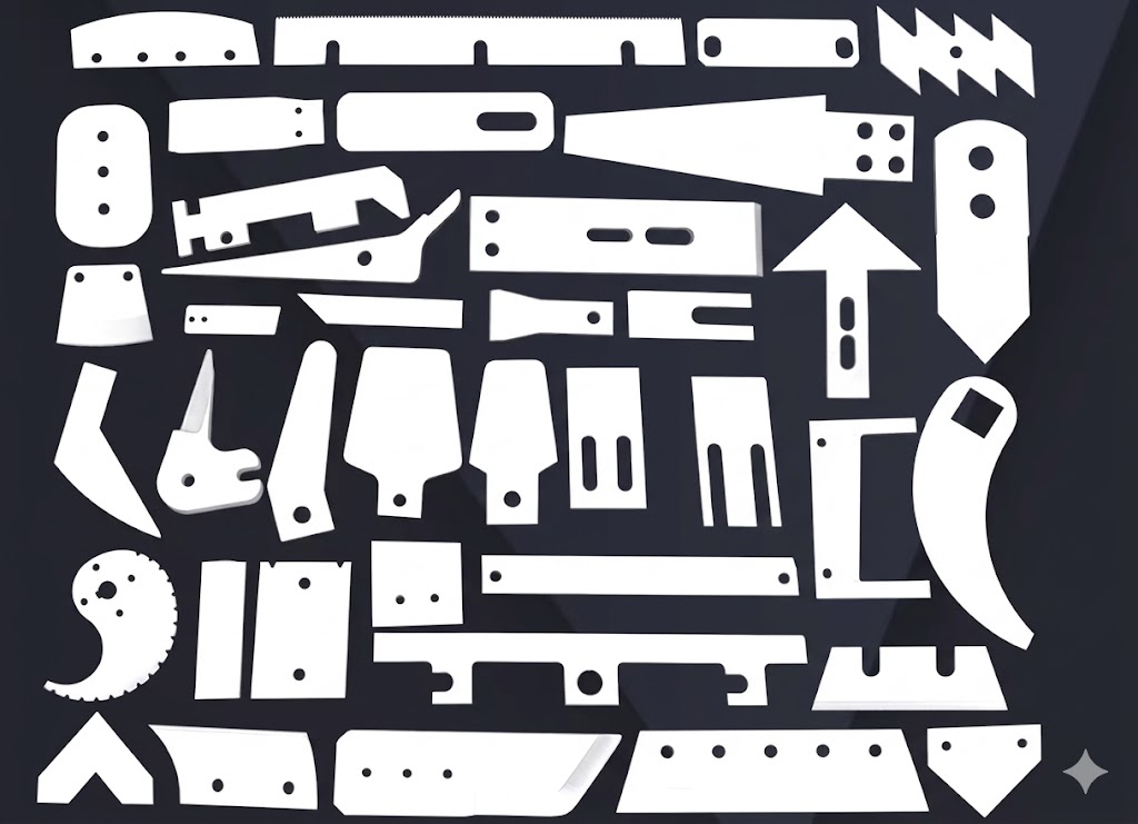 Close-up photograph of a professional WOKELI brand industrial cutting blade, featuring a sharp-edged metal surface with a laser-etched logo, showcasing diverse special-shaped blade designs for cutting plastic, packaging materials, textiles, and other materials, alongside an orange 'Free customization' badge, illustrating diverse food processing capabilities on a pure white background