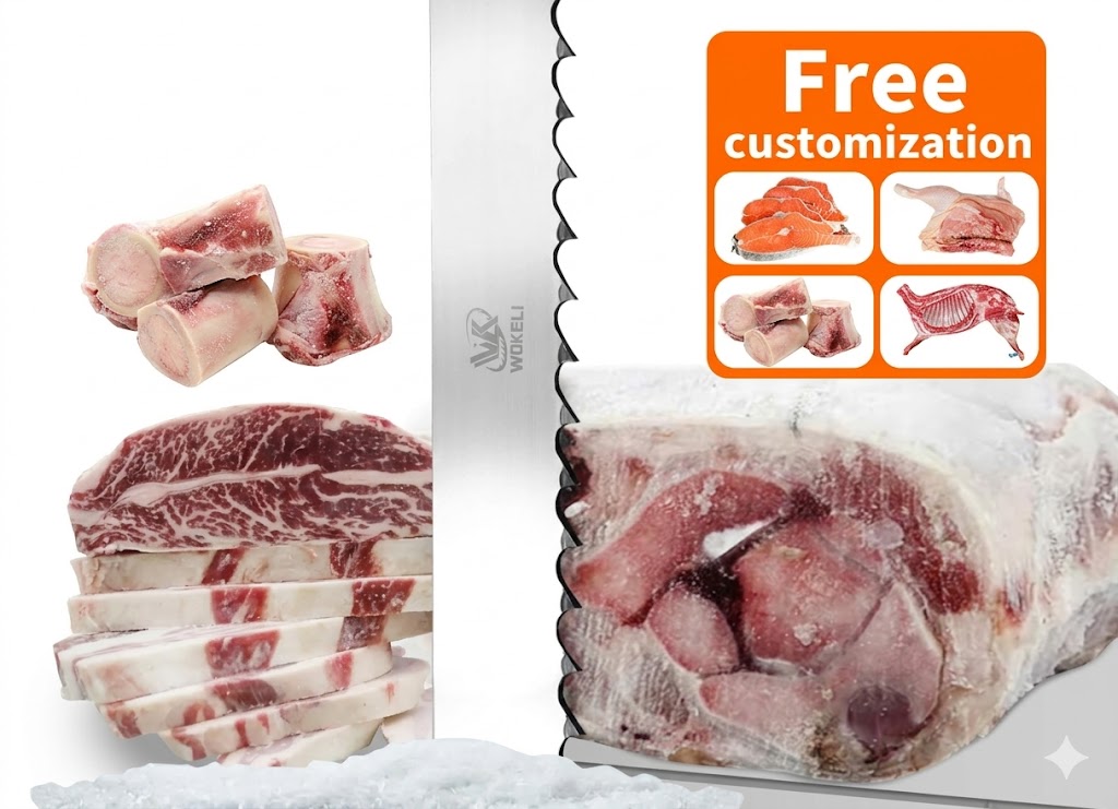 Close-up photograph of a professional WOKELI brand food-grade bone saw blade, featuring a sharp-toothed stainless steel surface with a laser-etched logo, showcasing slices of premium beef, a cross-section of cut frozen bone, and various smaller meat items, alongside an orange 'Free customization' badge, illustrating diverse food processing capabilities on a pure white background.