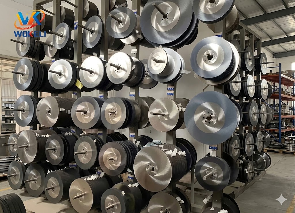 Close-up photograph of a professional high-speed steel (HSS) circular saw blade, laser-etched with the "WK WOKELI" logo and text, stacked with two freshly-cut metal discs, and positioned next to a rusty solid steel bar on a seamless white background, illustrating industrial-grade metal cutting performance.