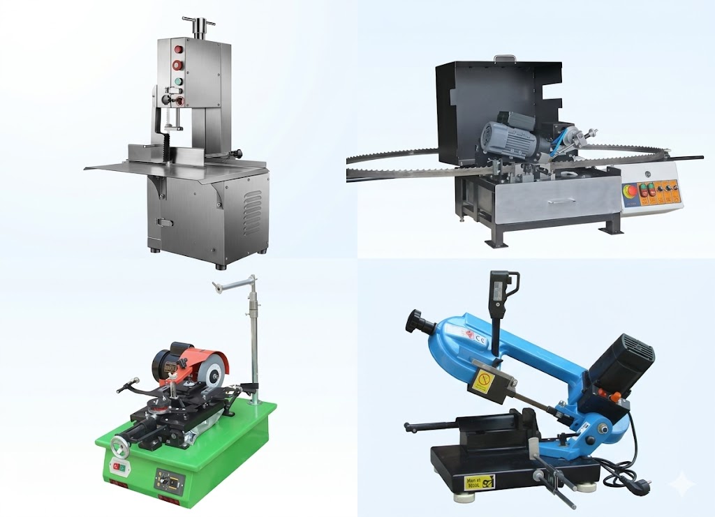 A composite showcase of WOKELI industrial machinery including a stainless steel bone saw machine for food processing, an automatic band saw blade sharpening machine, a high-precision blade welding machine, and a portable metal cutting band saw.